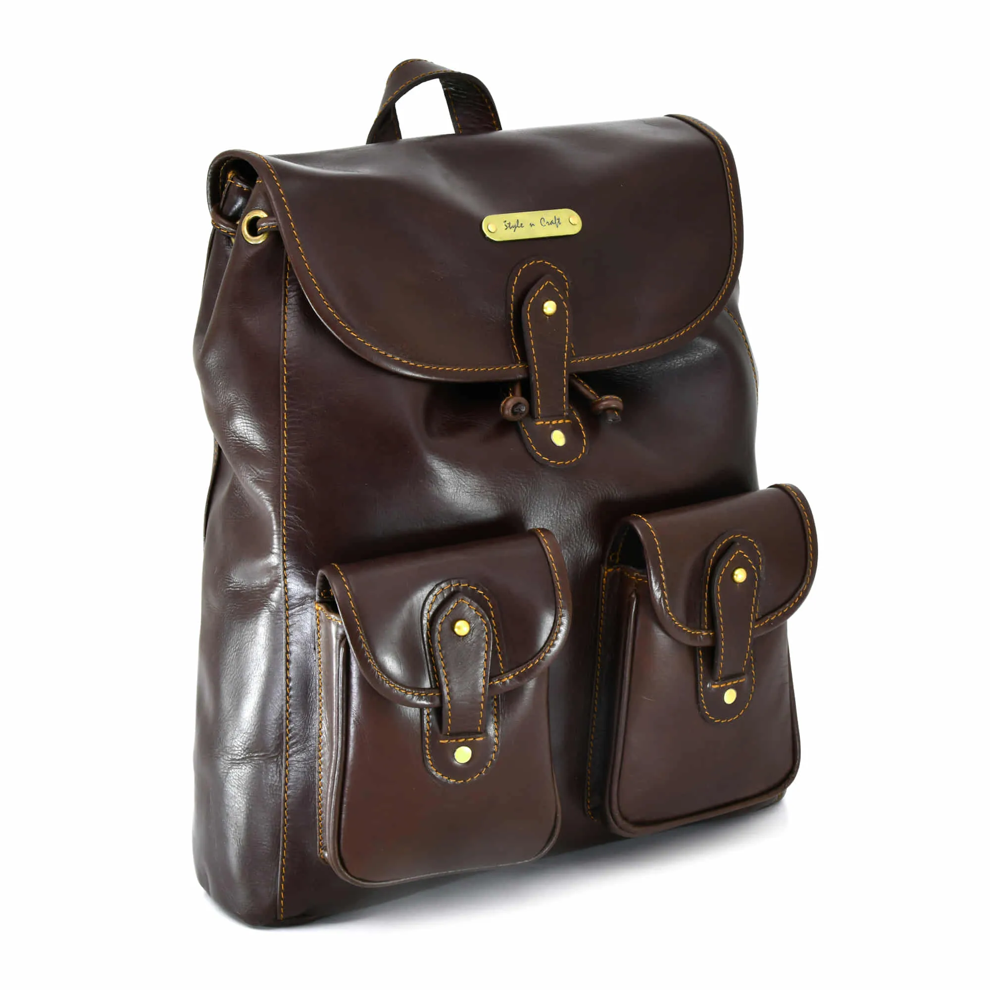 392151 Backpack in Full Grain Dark Brown Leather Medium Size with 2 Front Pockets | Style n Craft