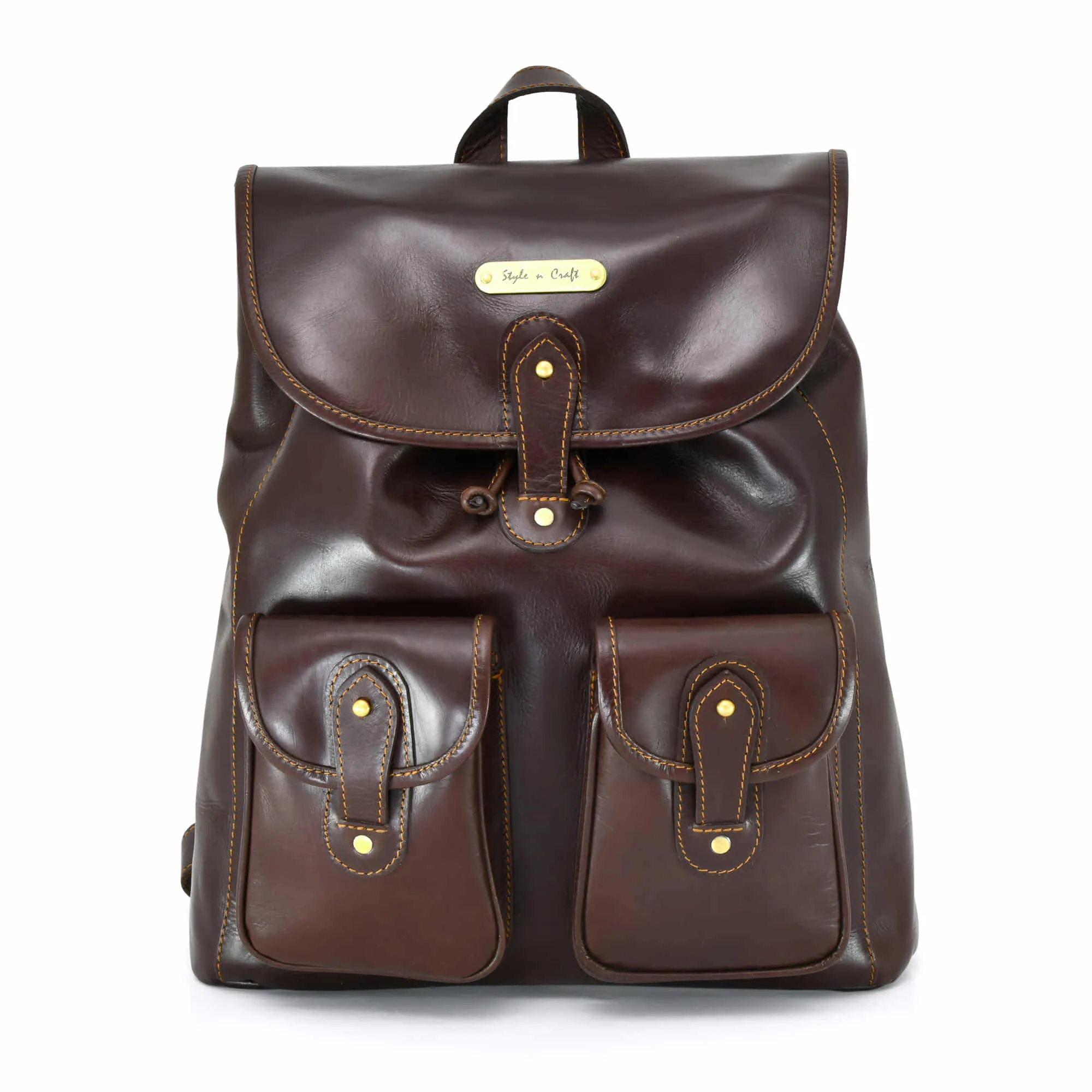 392151 Backpack in Full Grain Dark Brown Leather Medium Size with 2 Front Pockets | Style n Craft