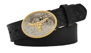 3D Belt Company Toddler Boys' 3D Belt 1 1/4" Distressed With Floral Ends Steer Head Buckle