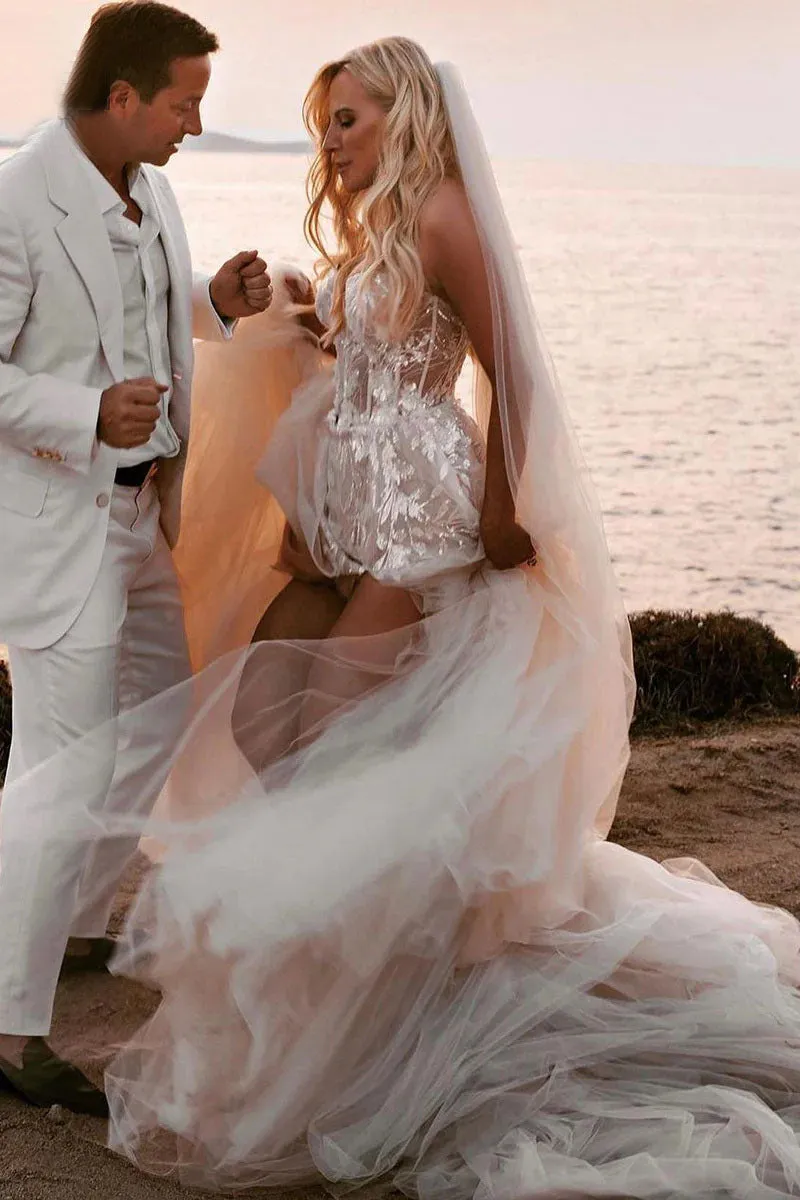 A-line Sweetheart Lace Appliques Bohemian Wedding Dress with Slit OK1978