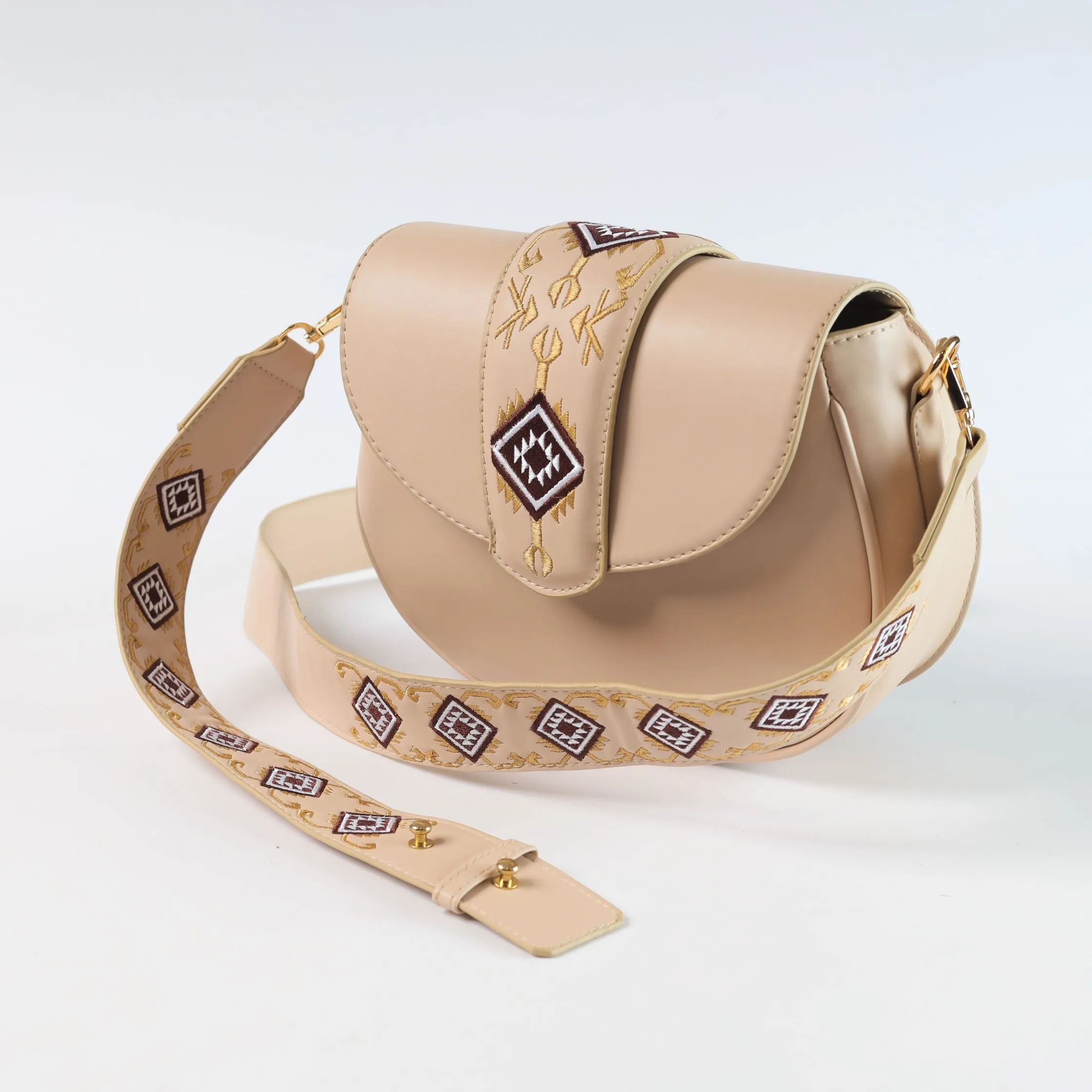 Abstract Embroidered Curved Crossbag - Beige