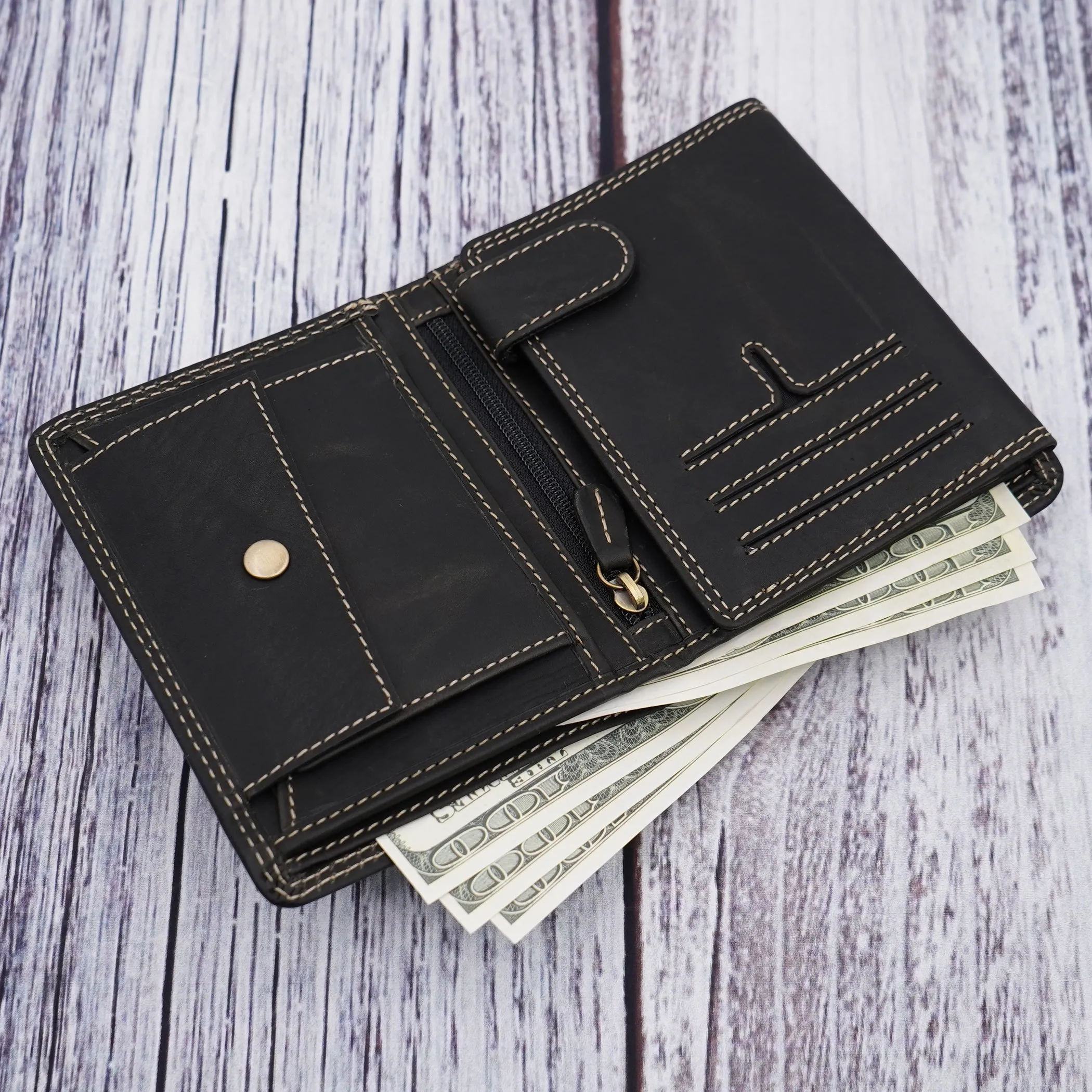 AG Wallets Vintage Distressed Leather Hipster Wallet with Coin Pocket