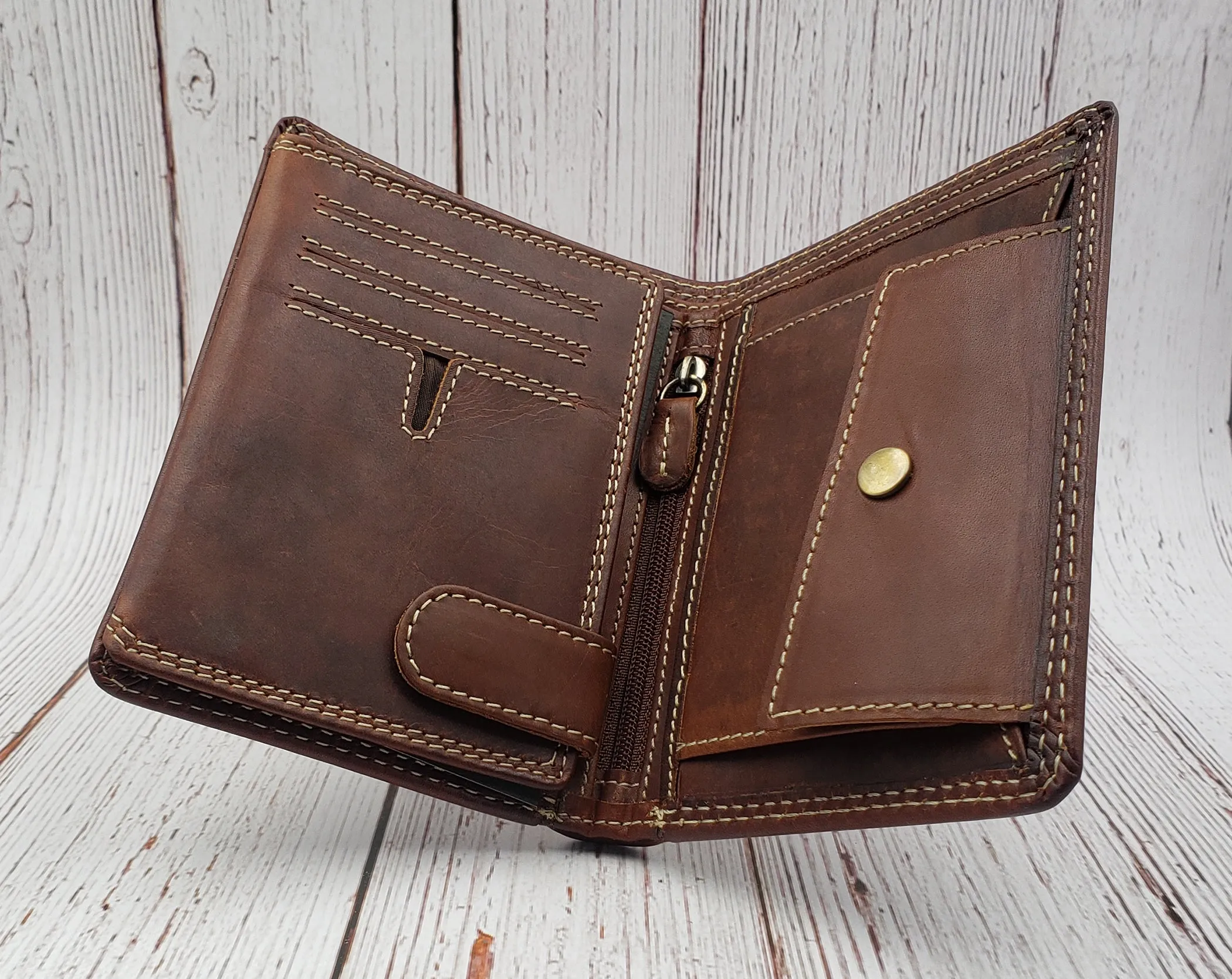 AG Wallets Vintage Distressed Leather Hipster Wallet with Coin Pocket