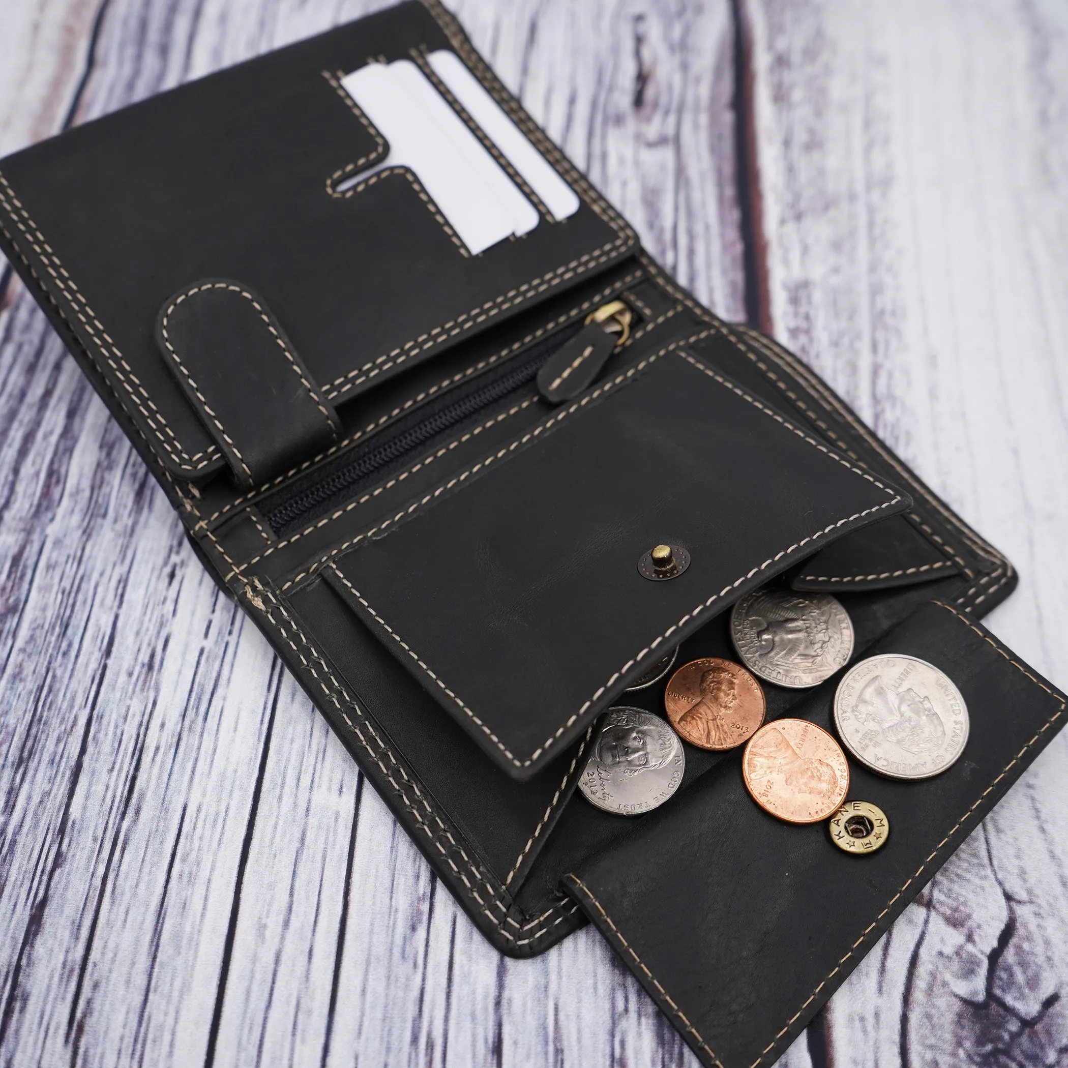 AG Wallets Vintage Distressed Leather Hipster Wallet with Coin Pocket