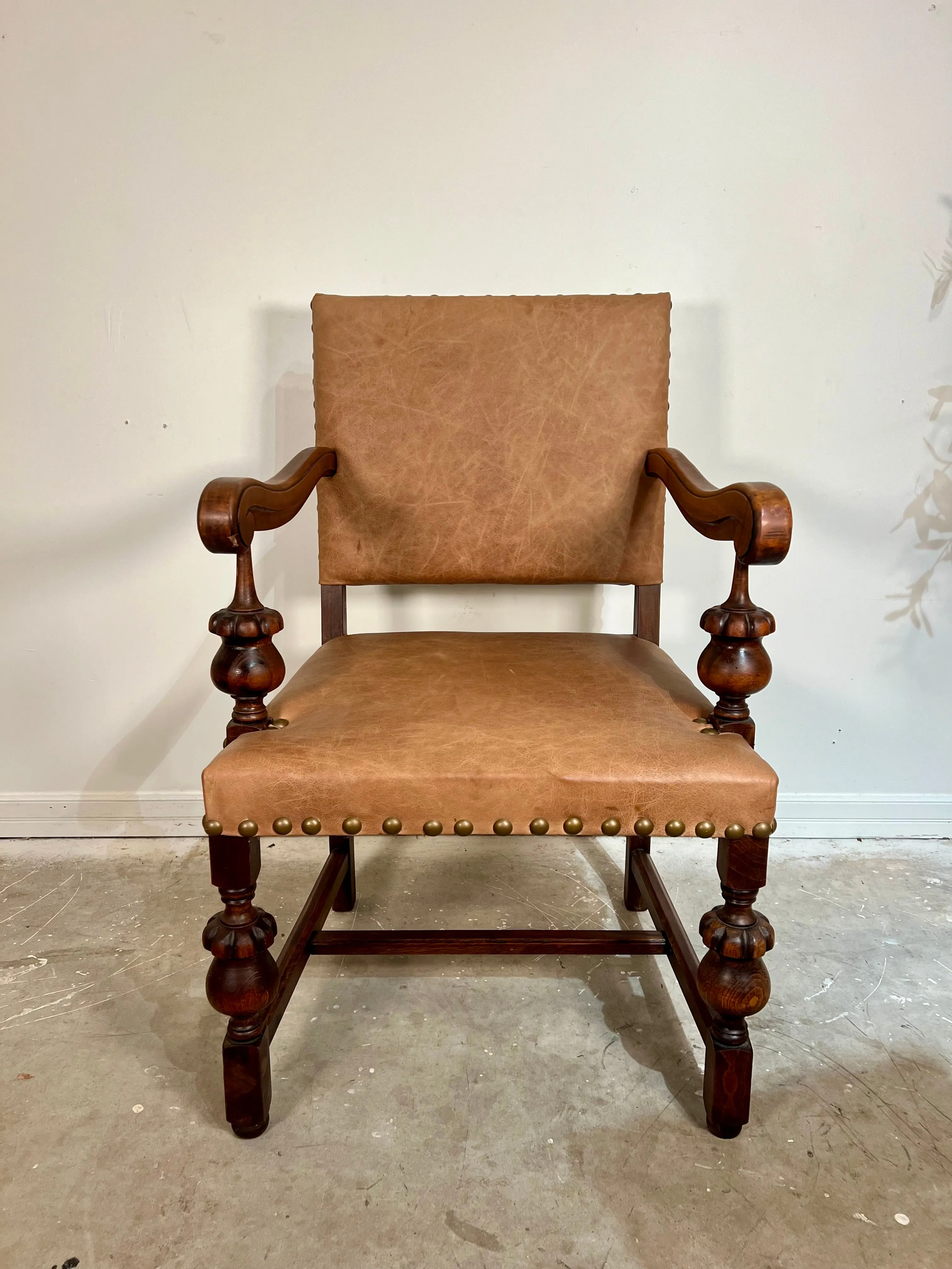 Antique Spanish Leather Armchair w/ Nailhead Detail