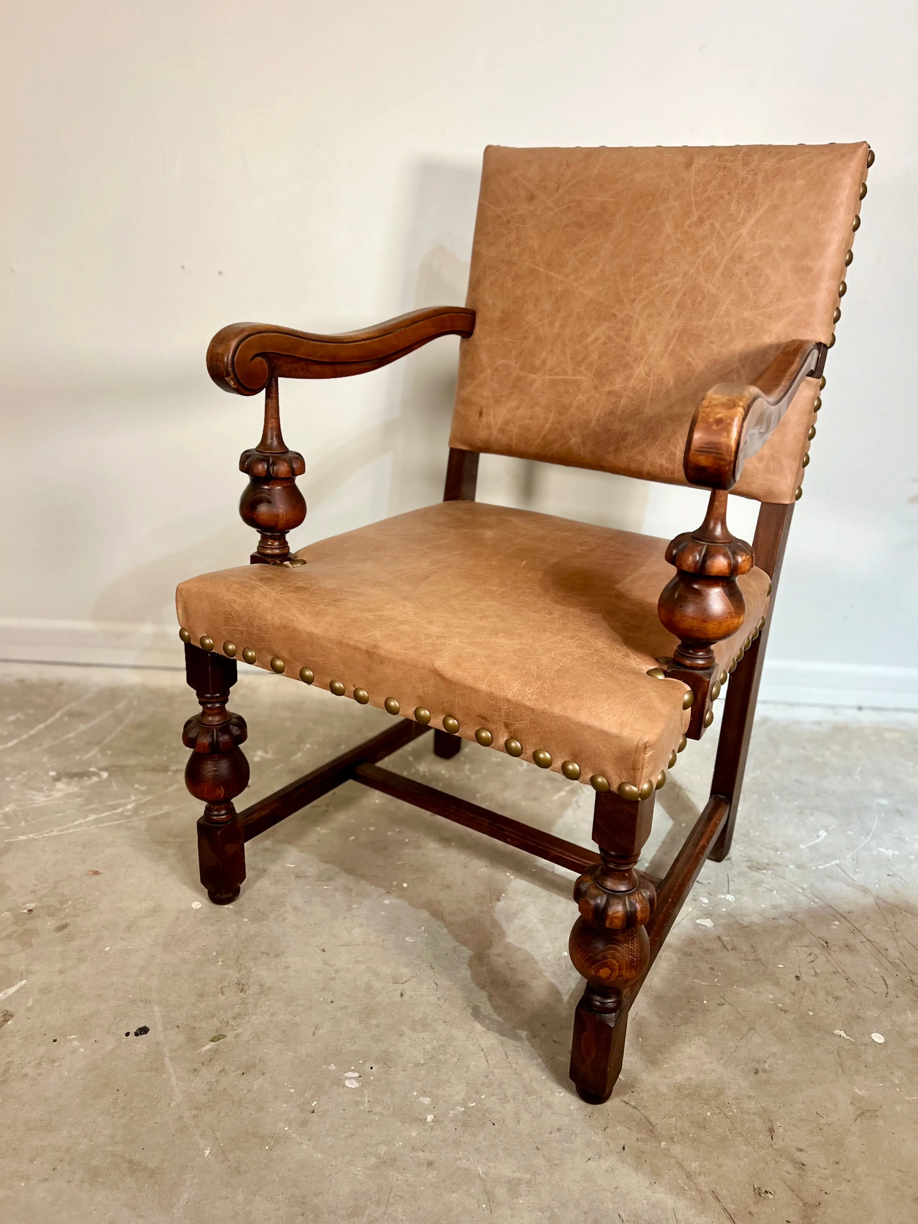 Antique Spanish Leather Armchair w/ Nailhead Detail