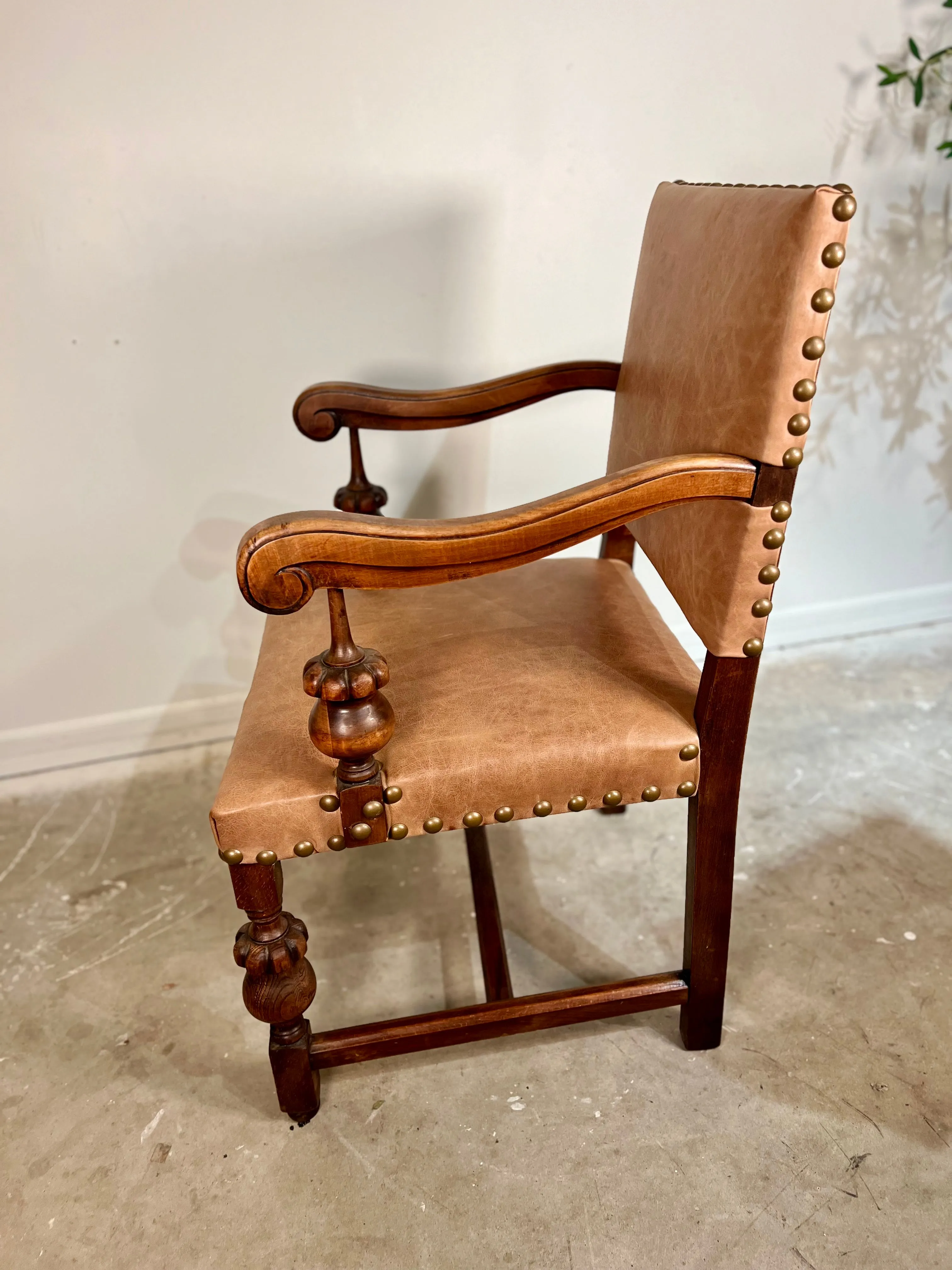 Antique Spanish Leather Armchair w/ Nailhead Detail