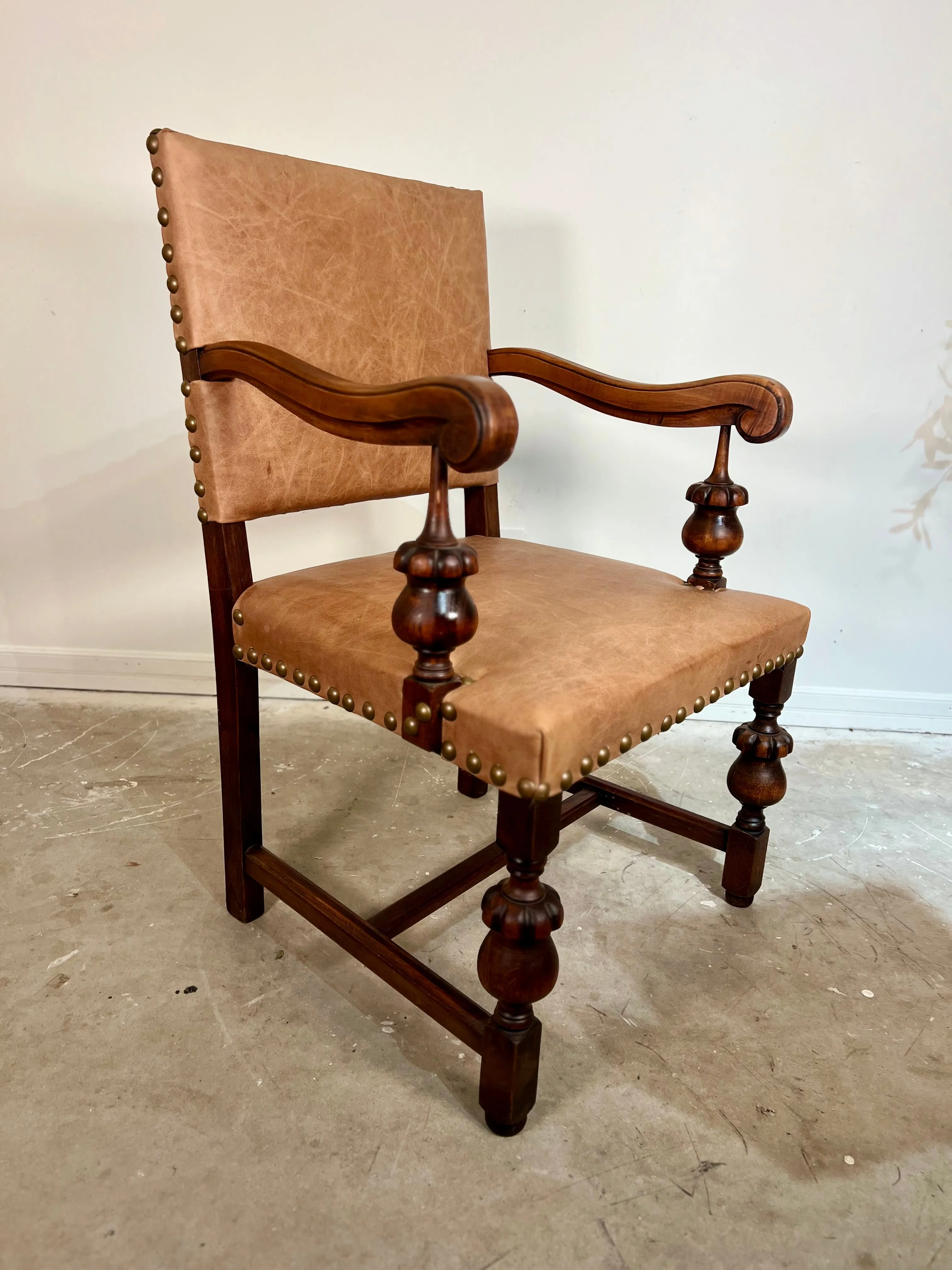 Antique Spanish Leather Armchair w/ Nailhead Detail