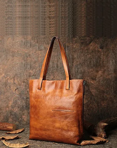 Best Coffee Leather Womens Vertical Tote Handbag Handmade Vintage Tote Shoulder Purse for Ladies