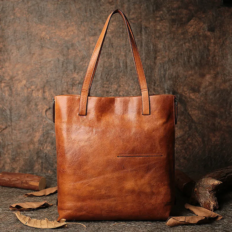 Best Coffee Leather Womens Vertical Tote Handbag Handmade Vintage Tote Shoulder Purse for Ladies
