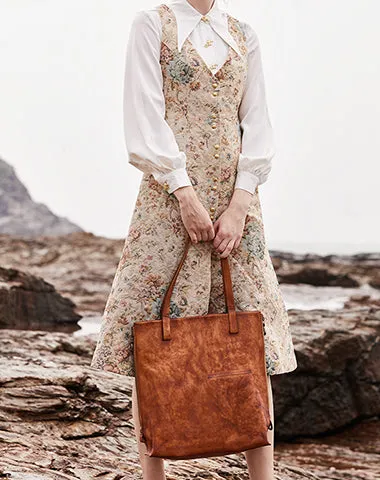 Best Coffee Leather Womens Vertical Tote Handbag Handmade Vintage Tote Shoulder Purse for Ladies