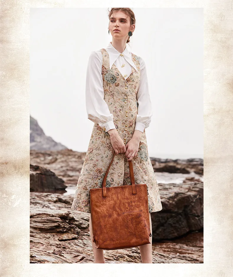 Best Coffee Leather Womens Vertical Tote Handbag Handmade Vintage Tote Shoulder Purse for Ladies