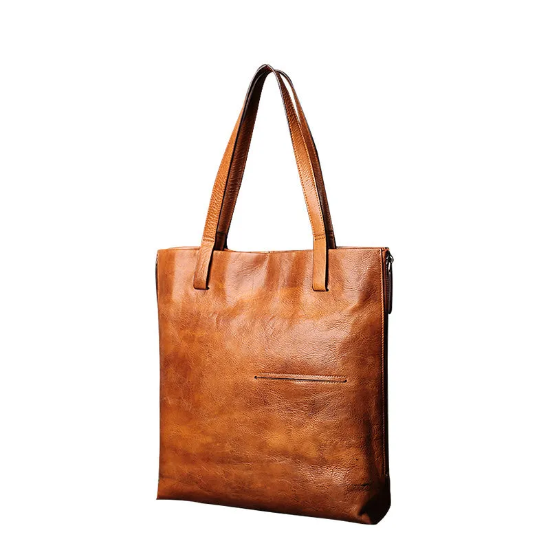 Best Coffee Leather Womens Vertical Tote Handbag Handmade Vintage Tote Shoulder Purse for Ladies