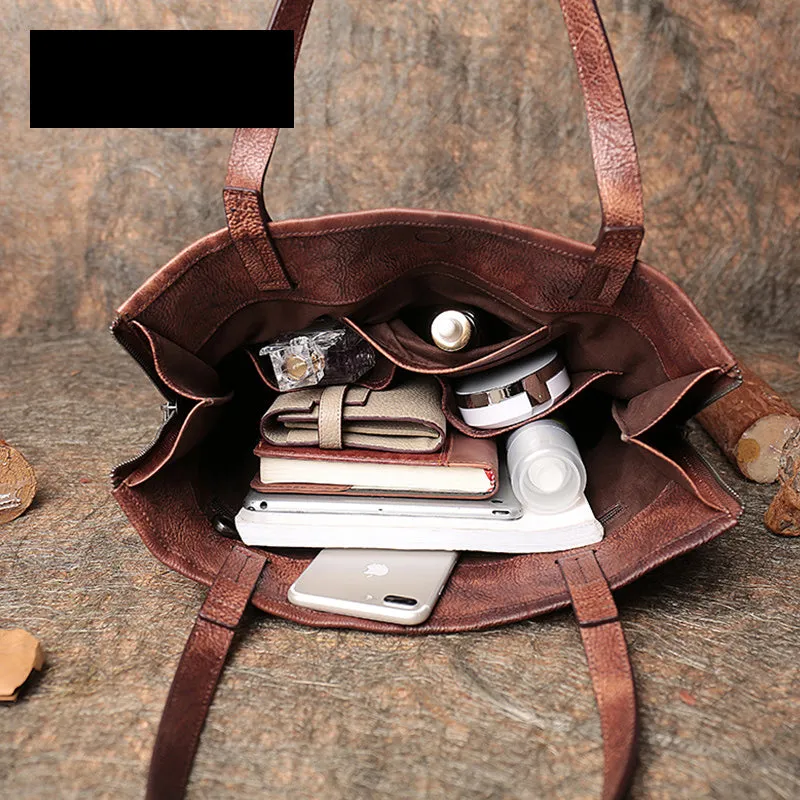 Best Coffee Leather Womens Vertical Tote Handbag Handmade Vintage Tote Shoulder Purse for Ladies