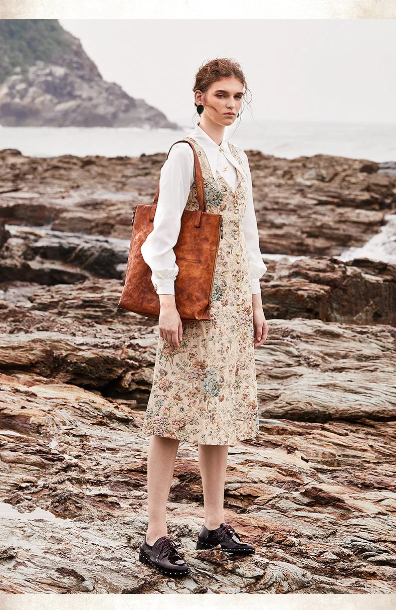 Best Coffee Leather Womens Vertical Tote Handbag Handmade Vintage Tote Shoulder Purse for Ladies