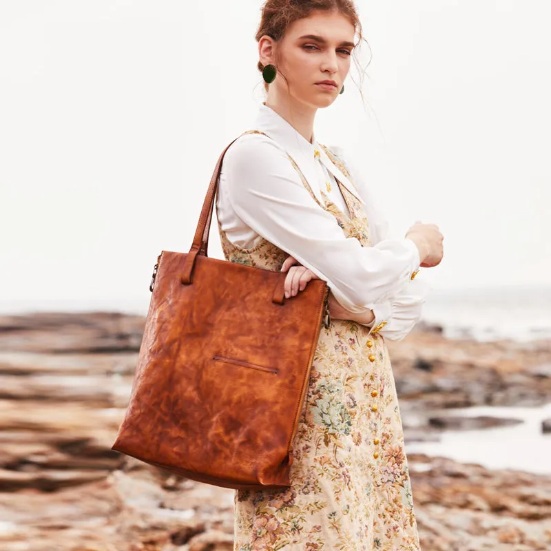 Best Coffee Leather Womens Vertical Tote Handbag Handmade Vintage Tote Shoulder Purse for Ladies