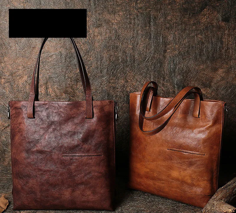 Best Coffee Leather Womens Vertical Tote Handbag Handmade Vintage Tote Shoulder Purse for Ladies