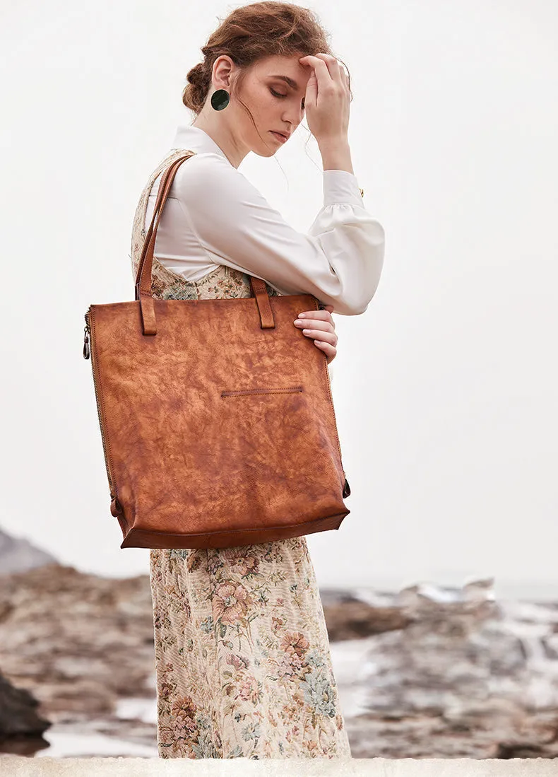 Best Coffee Leather Womens Vertical Tote Handbag Handmade Vintage Tote Shoulder Purse for Ladies