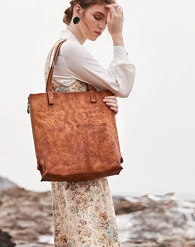 Best Coffee Leather Womens Vertical Tote Handbag Handmade Vintage Tote Shoulder Purse for Ladies