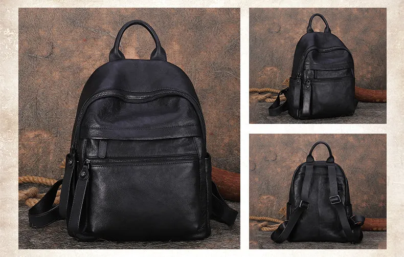 Best Vintage Black Gray Leather Rucksack Bag Womens Vintage School Backpacks Leather Backpack Purse