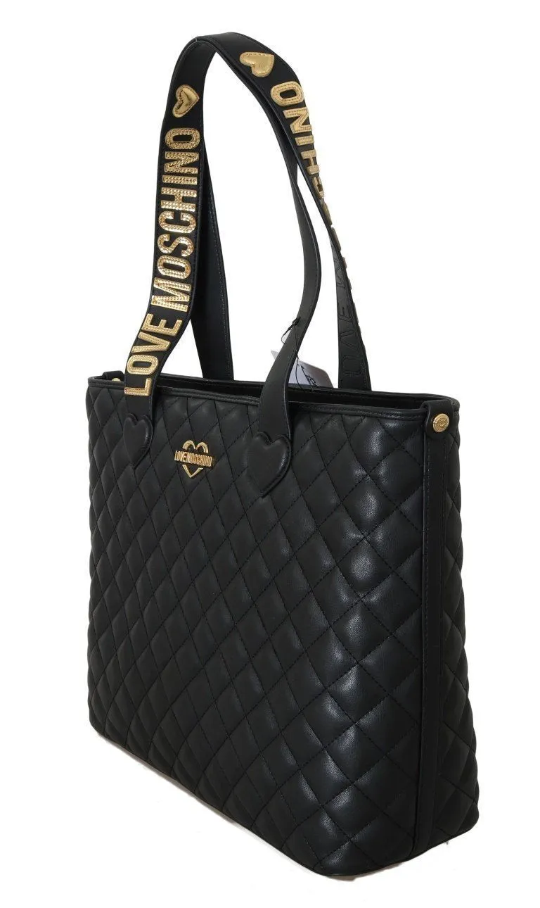 Black Quilted Faux Leather Tote Bag