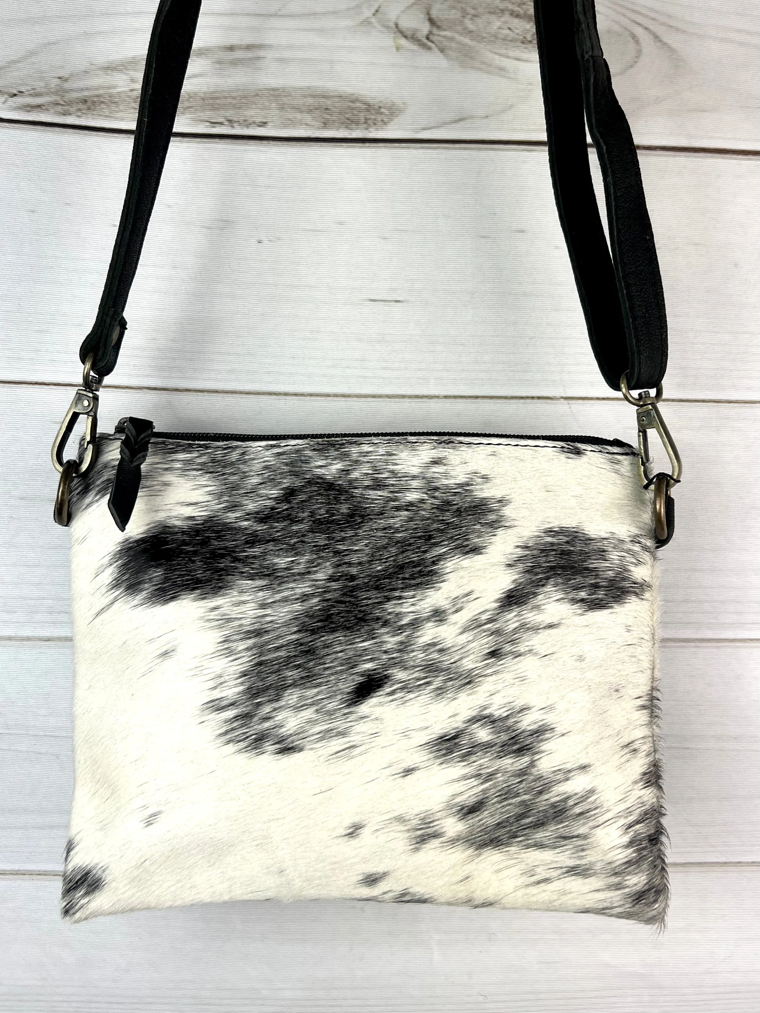 Black White Cowhide Black Leather Medium Size Handbag
