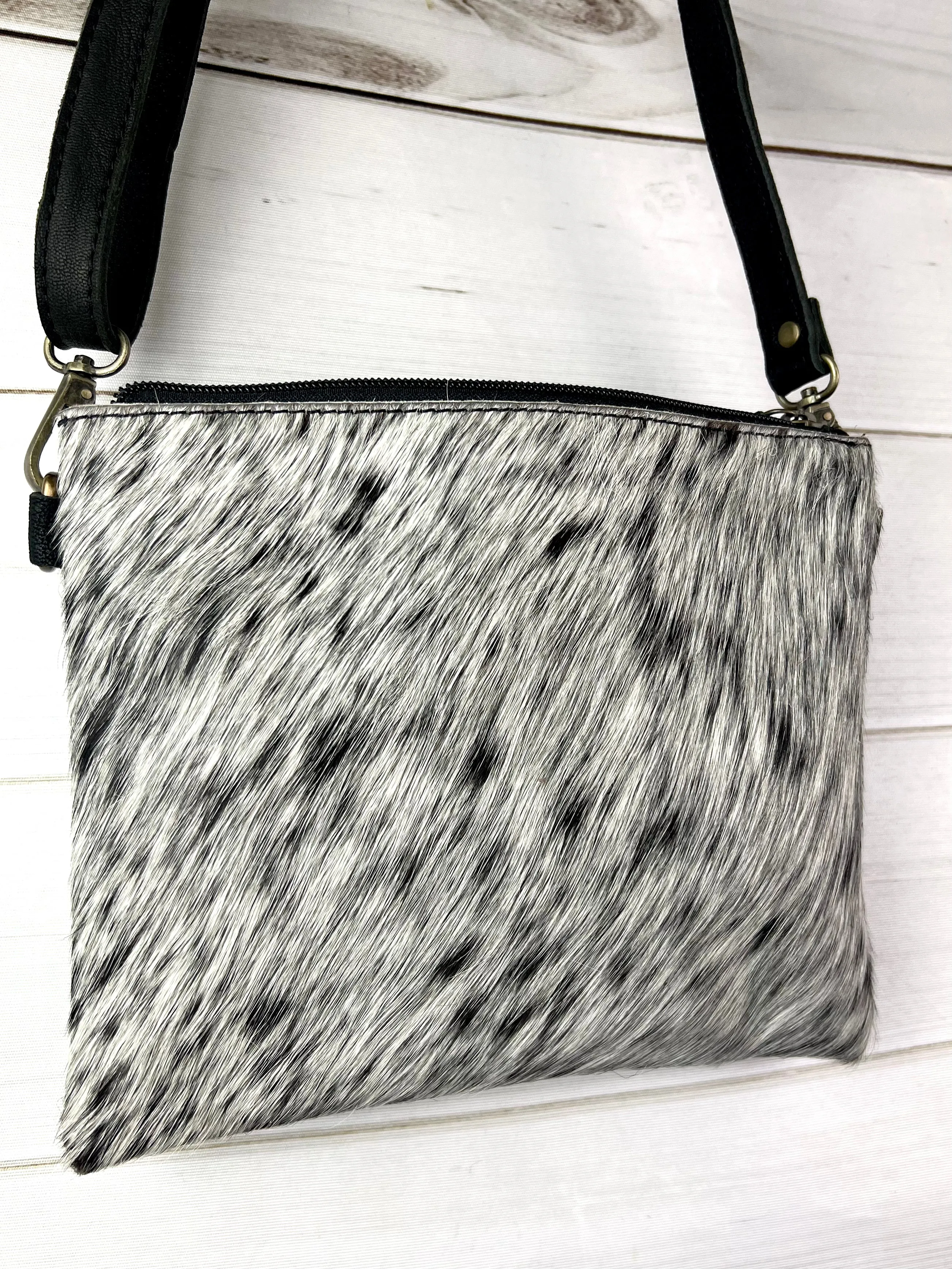 Black White Cowhide Black Leather Medium Size Handbag