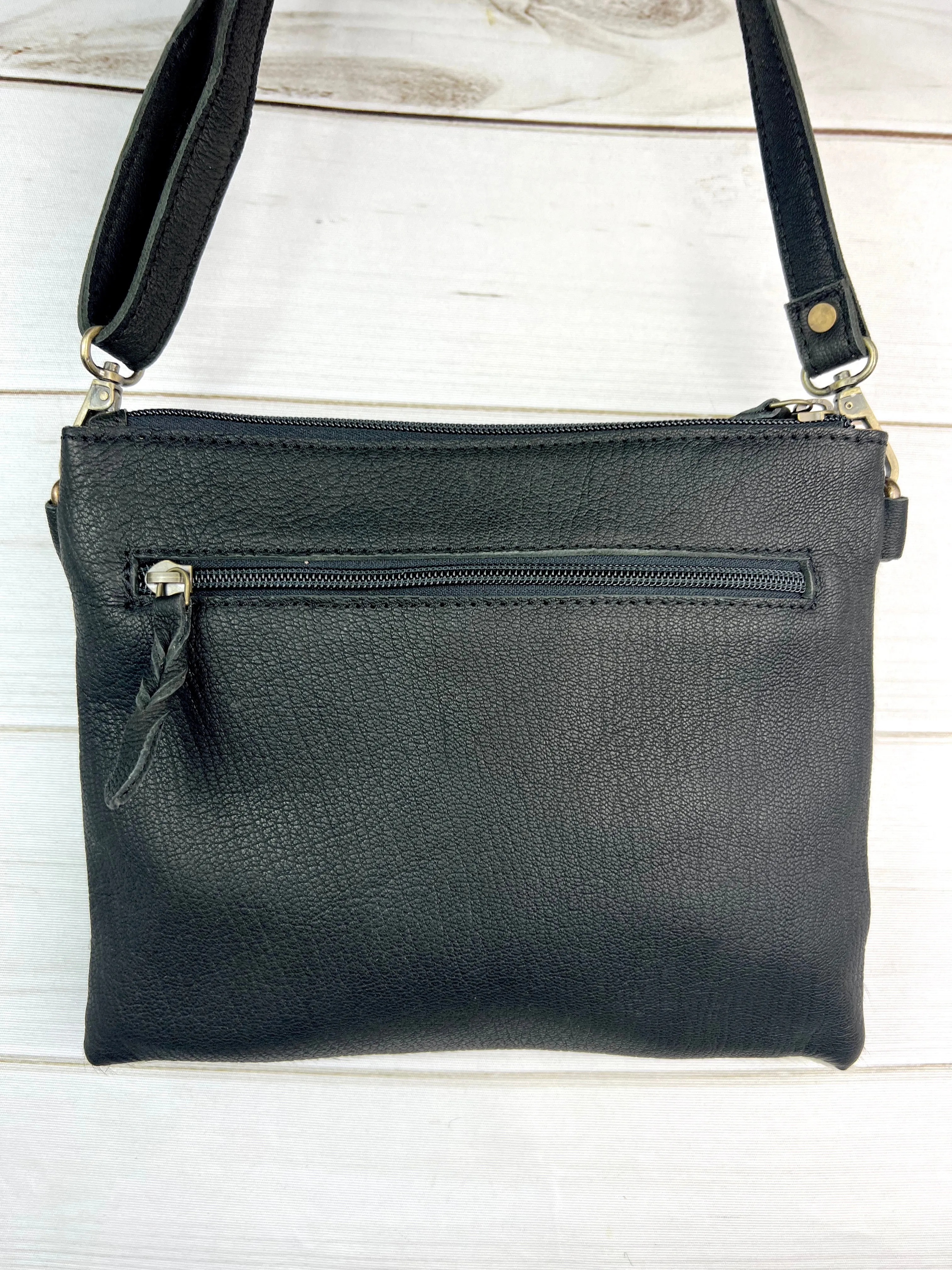 Black White Cowhide Black Leather Medium Size Handbag