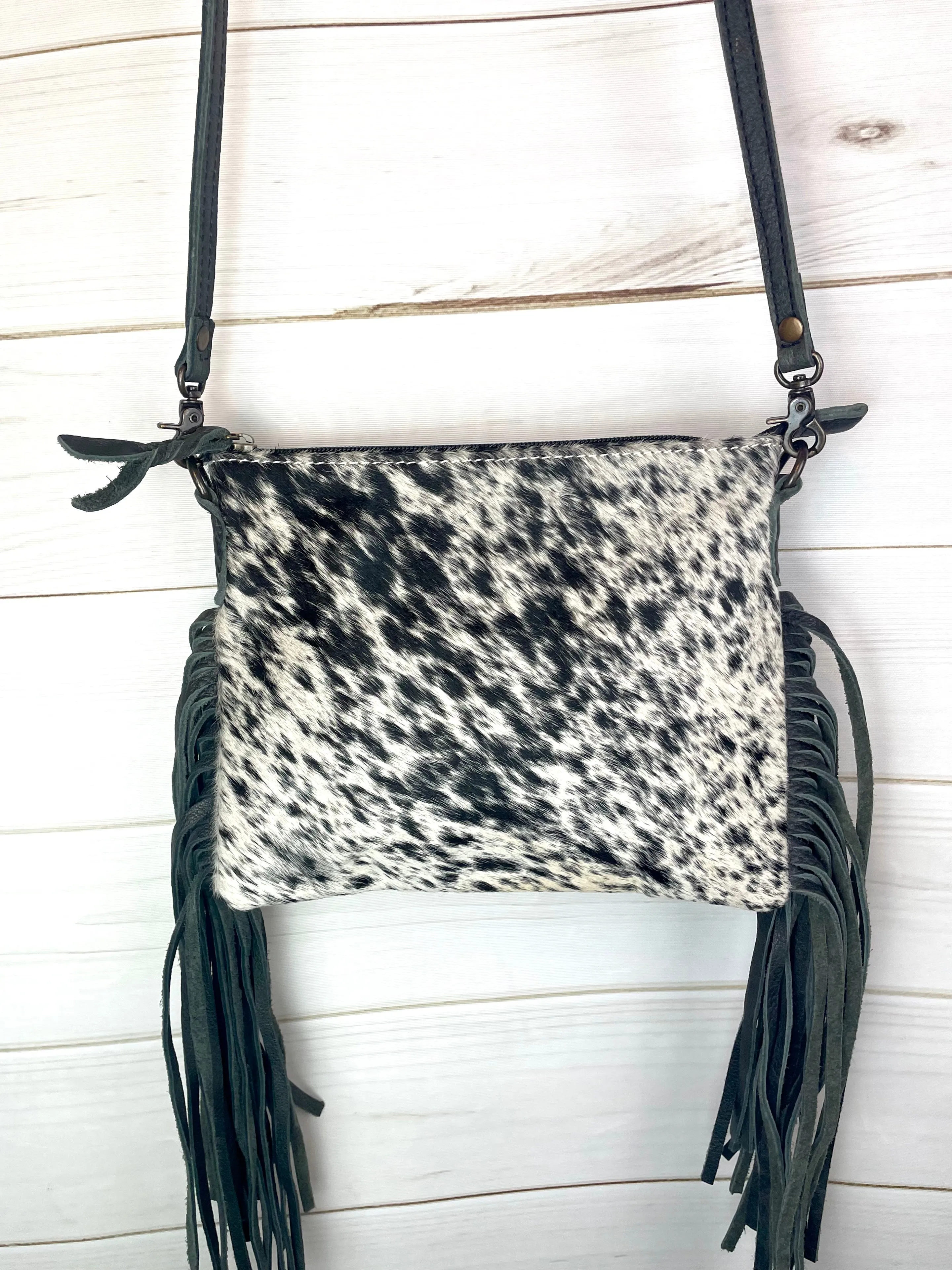 Black White Cowhide Black Leather Medium Size Handbag