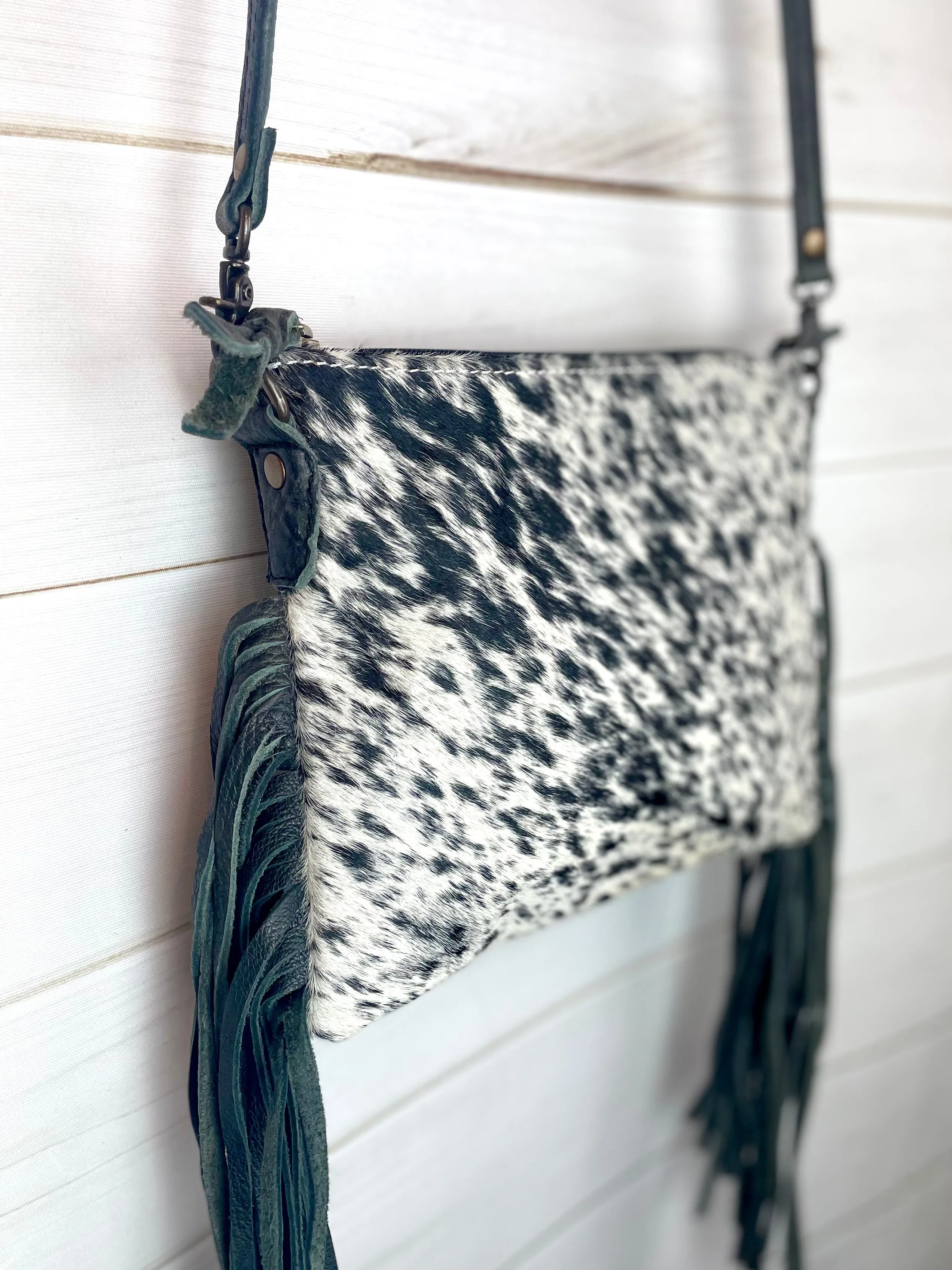 Black White Cowhide Black Leather Medium Size Handbag