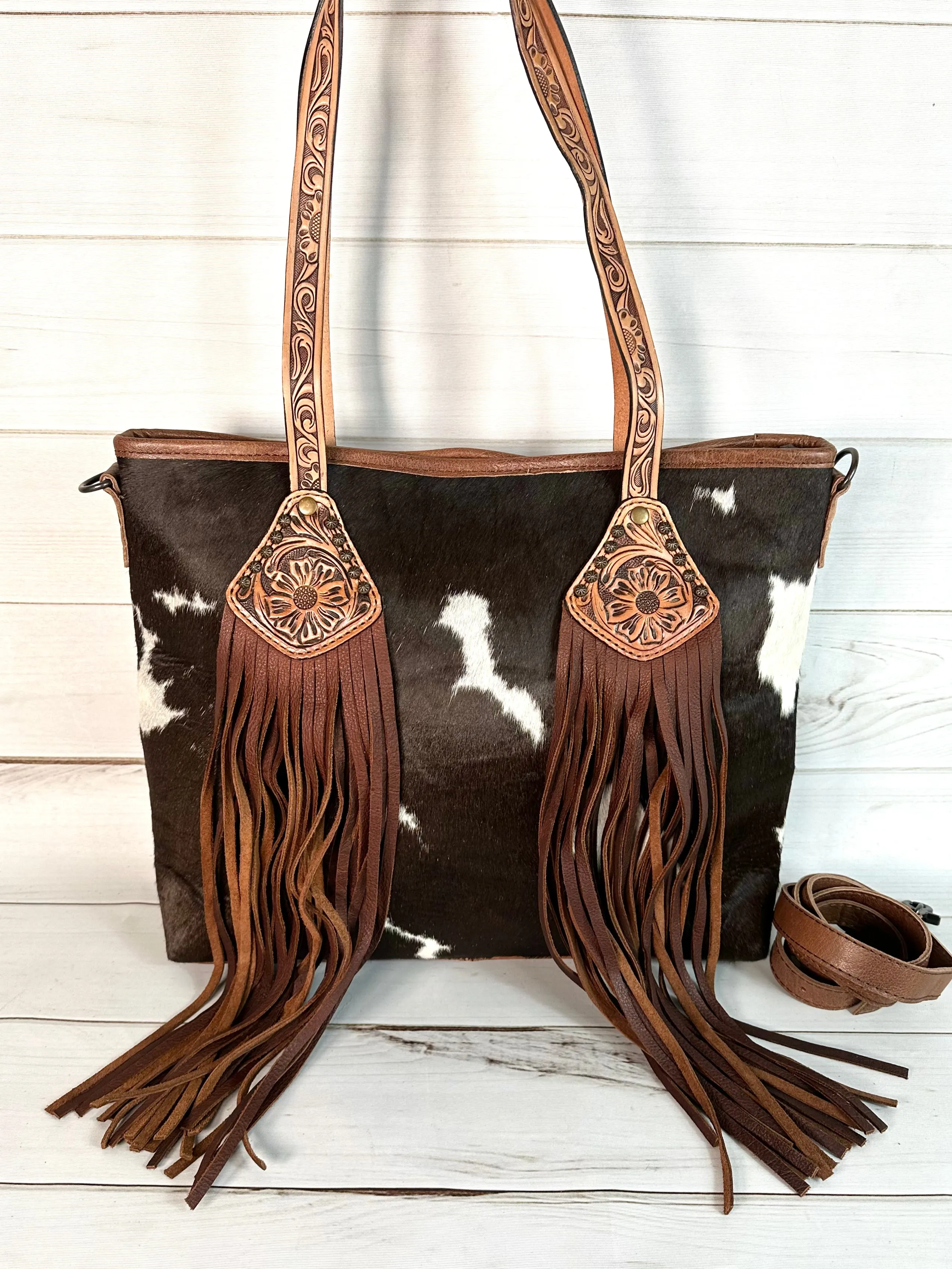 Bloom Cowhide Leather Tooled and Fringe Tote Bag