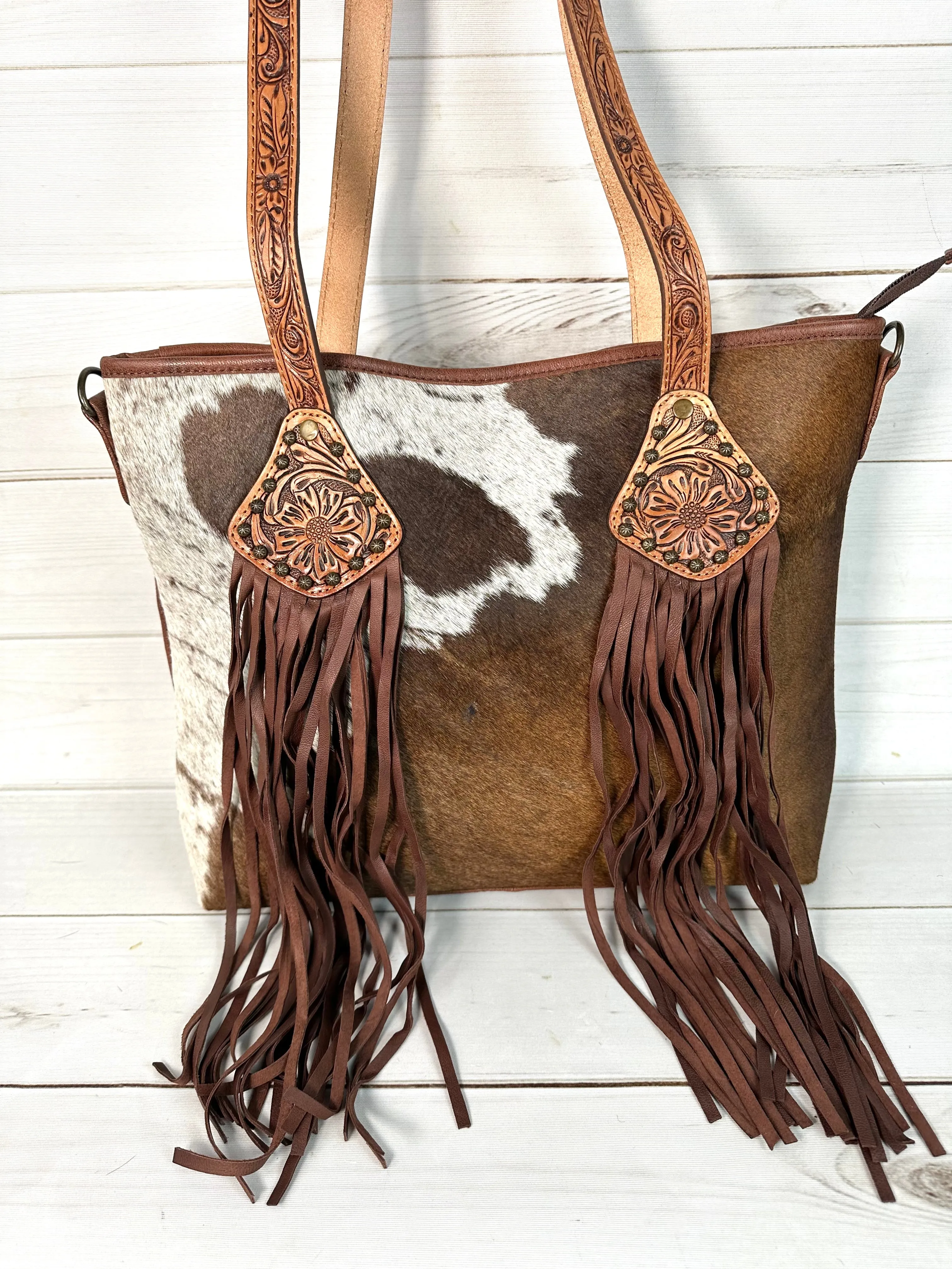 Bloom Cowhide Leather Tooled and Fringe Tote Bag