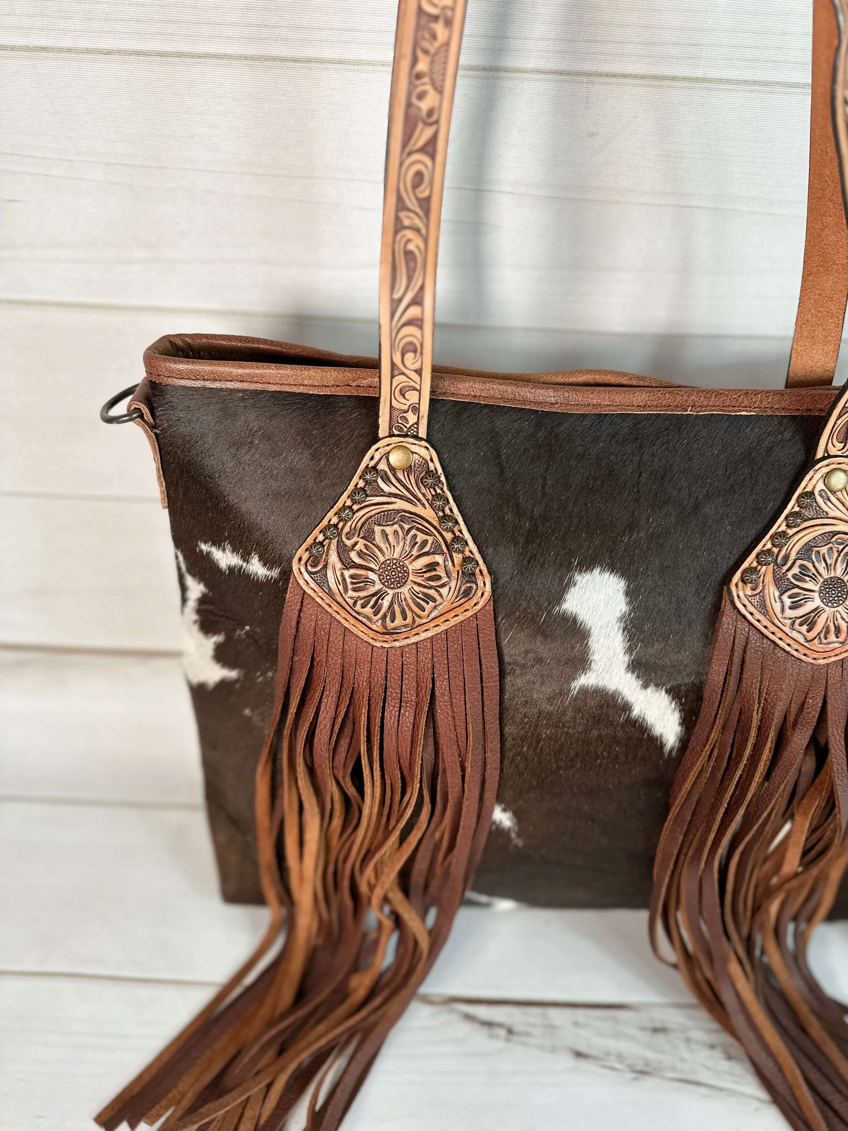 Bloom Cowhide Leather Tooled and Fringe Tote Bag