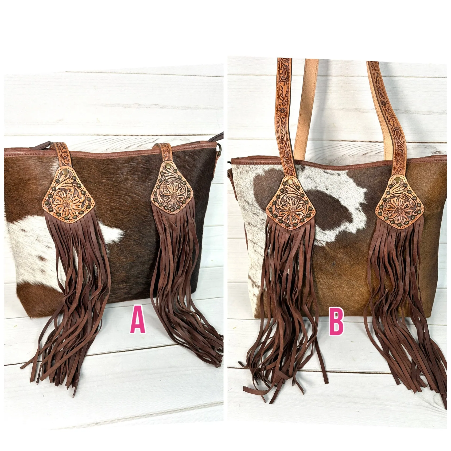 Bloom Cowhide Leather Tooled and Fringe Tote Bag