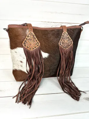Bloom Cowhide Leather Tooled and Fringe Tote Bag