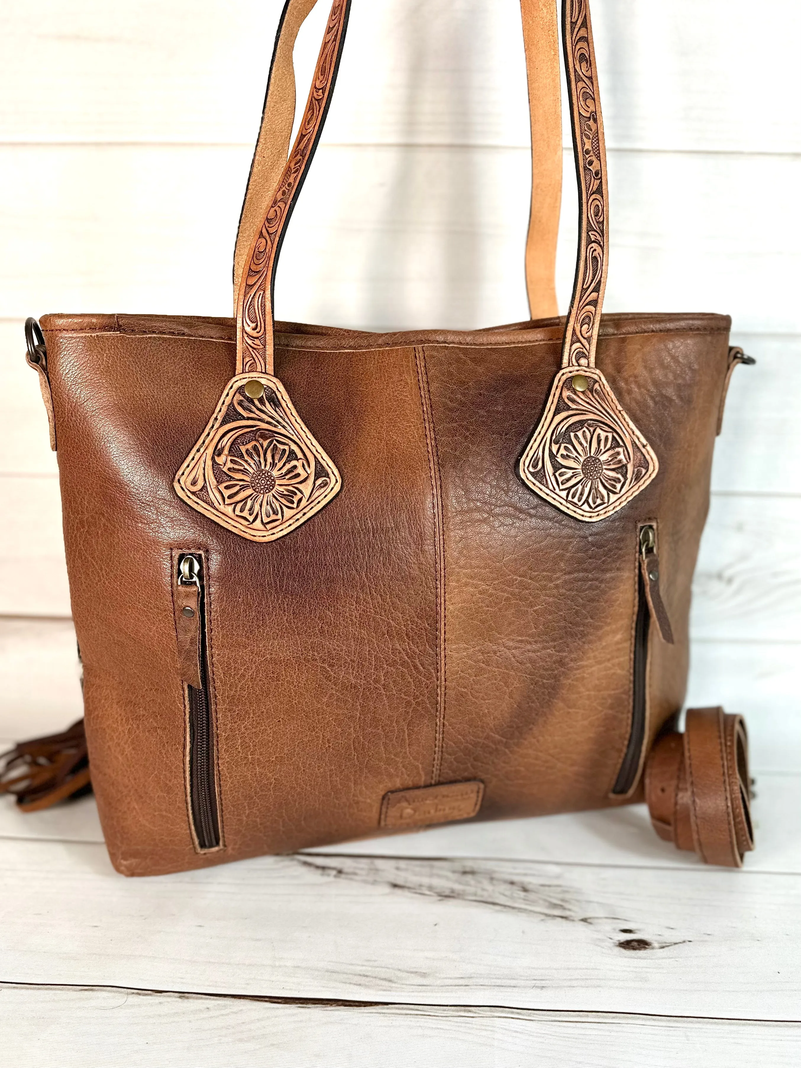 Bloom Cowhide Leather Tooled and Fringe Tote Bag