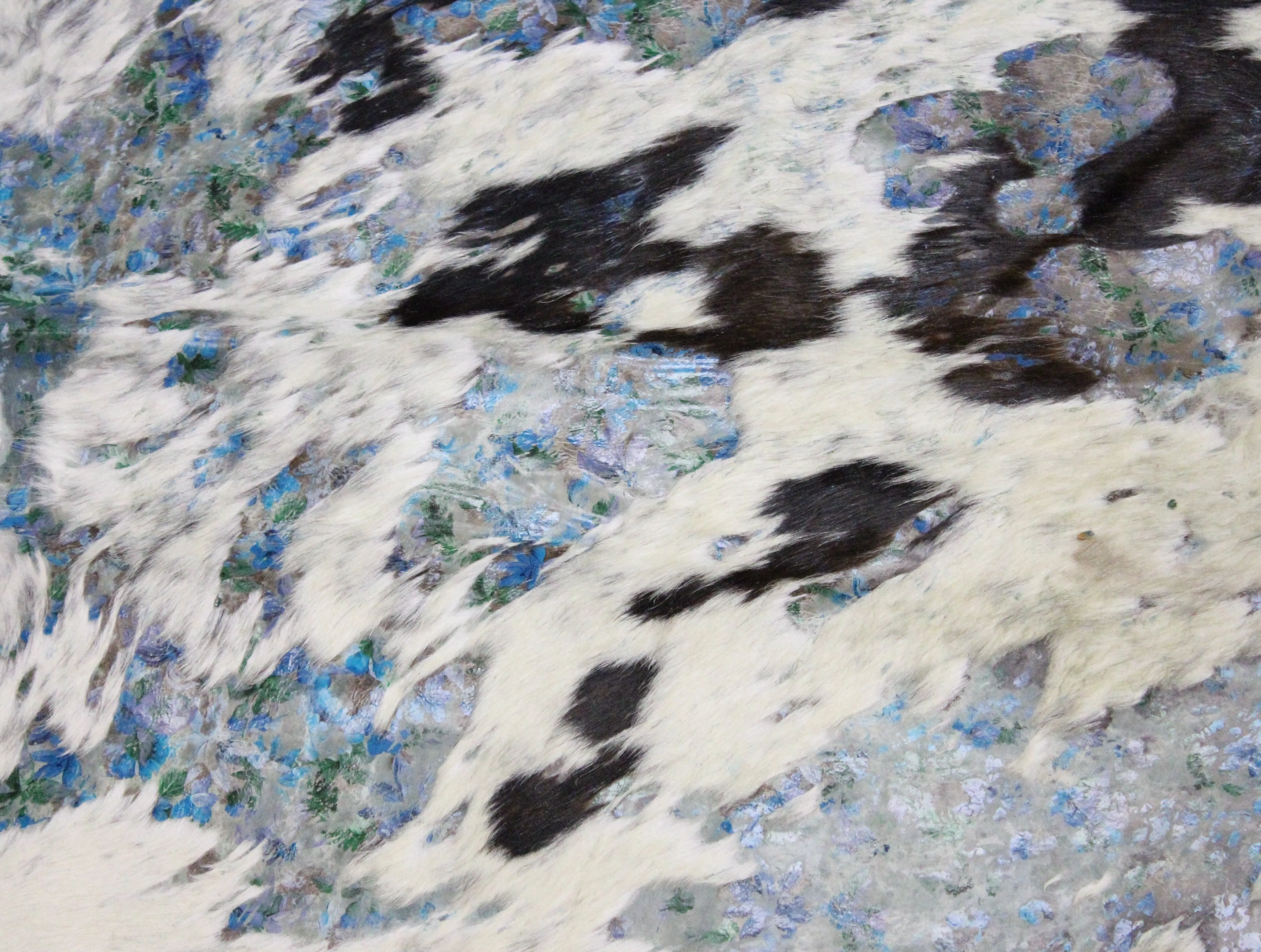Blue Flowers Print  on  Black & white   COWHIDE - 84x74 INCHES - Premium Cowhide