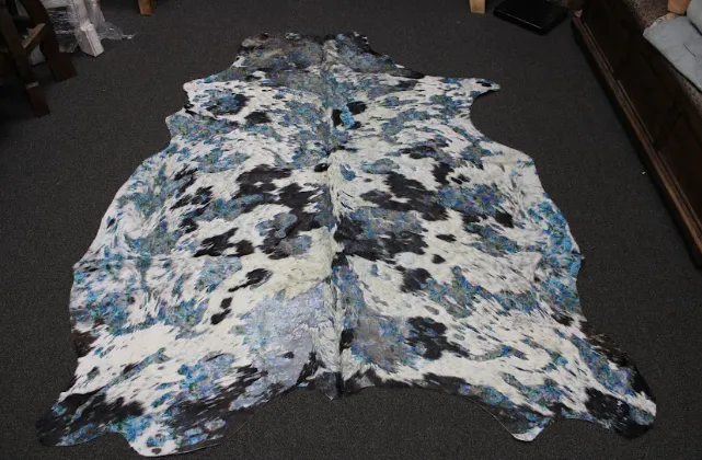 Blue Flowers Print  on  Black & white   COWHIDE - 84x74 INCHES - Premium Cowhide