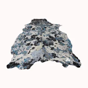 Blue Flowers Print  on  Black & white   COWHIDE - 84x74 INCHES - Premium Cowhide