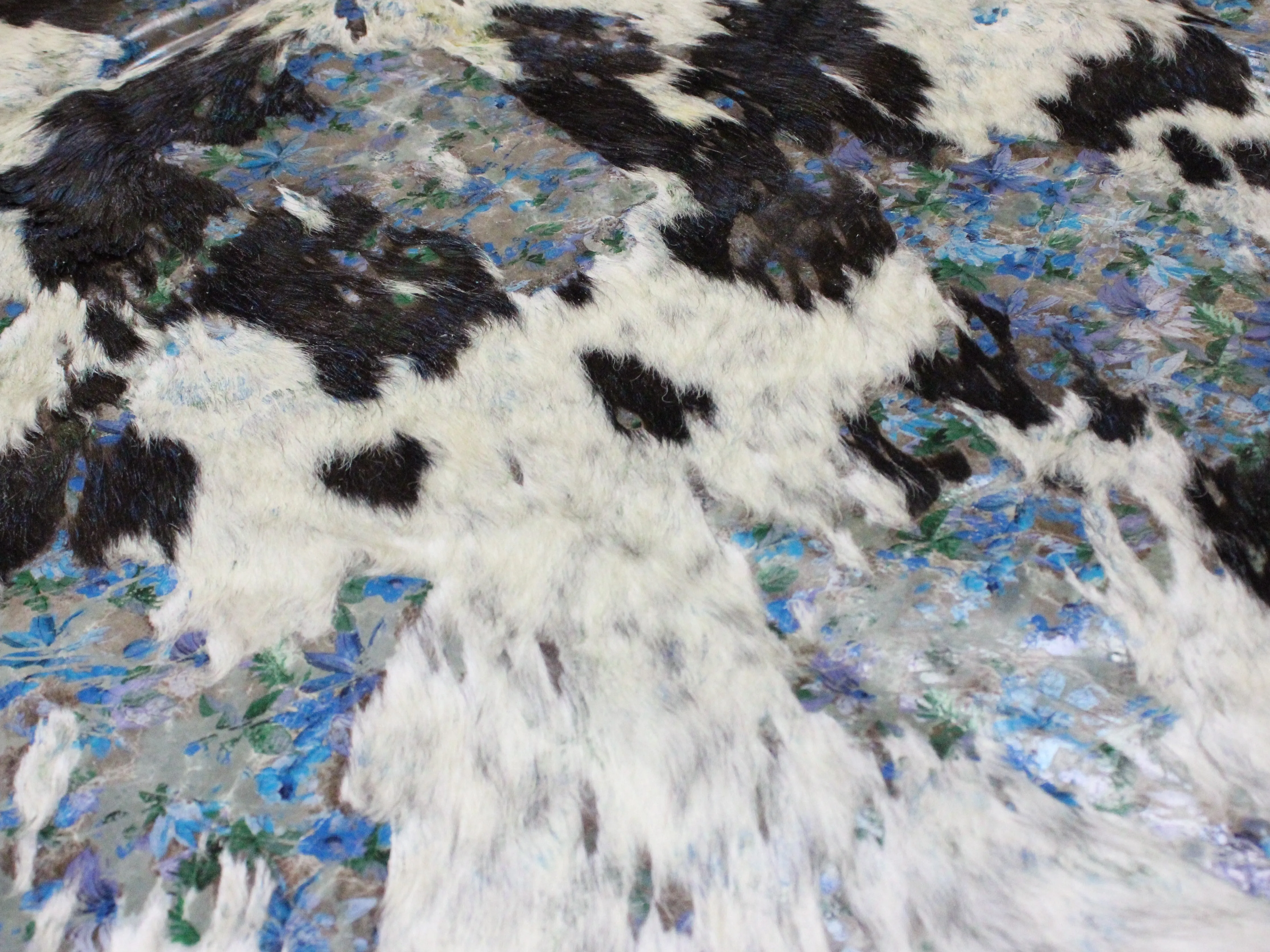 Blue Flowers Print  on  Black & white   COWHIDE - 84x74 INCHES - Premium Cowhide