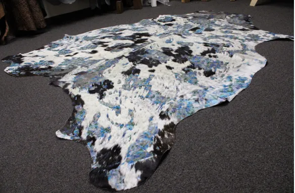 Blue Flowers Print  on  Black & white   COWHIDE - 84x74 INCHES - Premium Cowhide