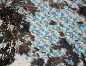 Blue Flowers Print  on  tricolor  COWHIDE - 85x84 INCHES - Premium Cowhide