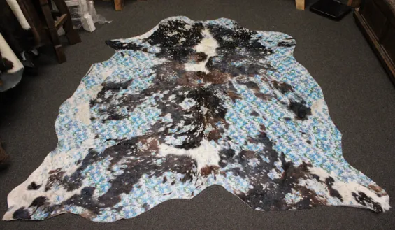 Blue Flowers Print  on  tricolor  COWHIDE - 85x84 INCHES - Premium Cowhide
