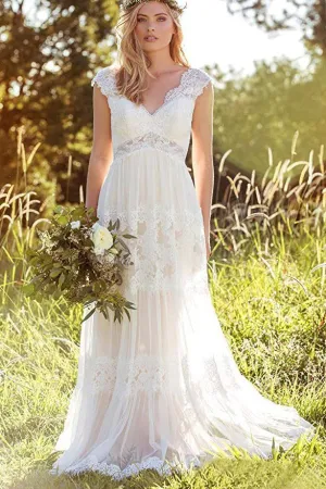 Bohemian A Line V Neck Lace Bridal Gown Simple Beach Wedding Dress OKK37