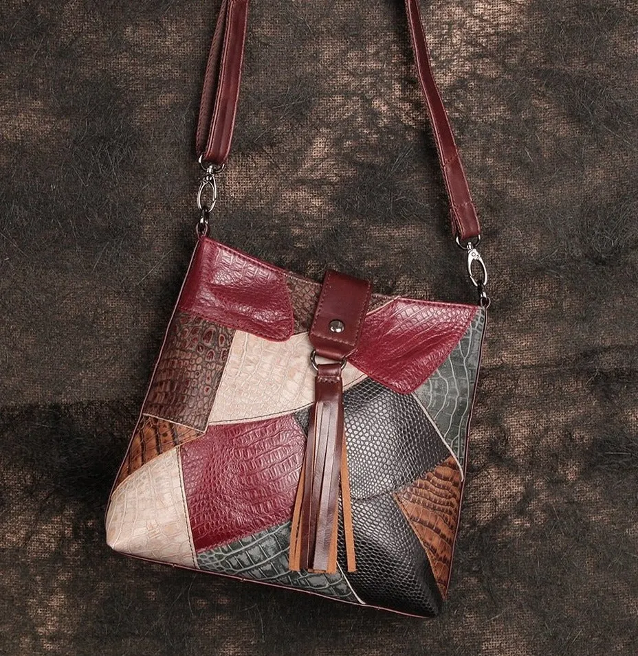 Bohemian Leather Messenger Bag Patchwork Satchel with Shoulder Strap
