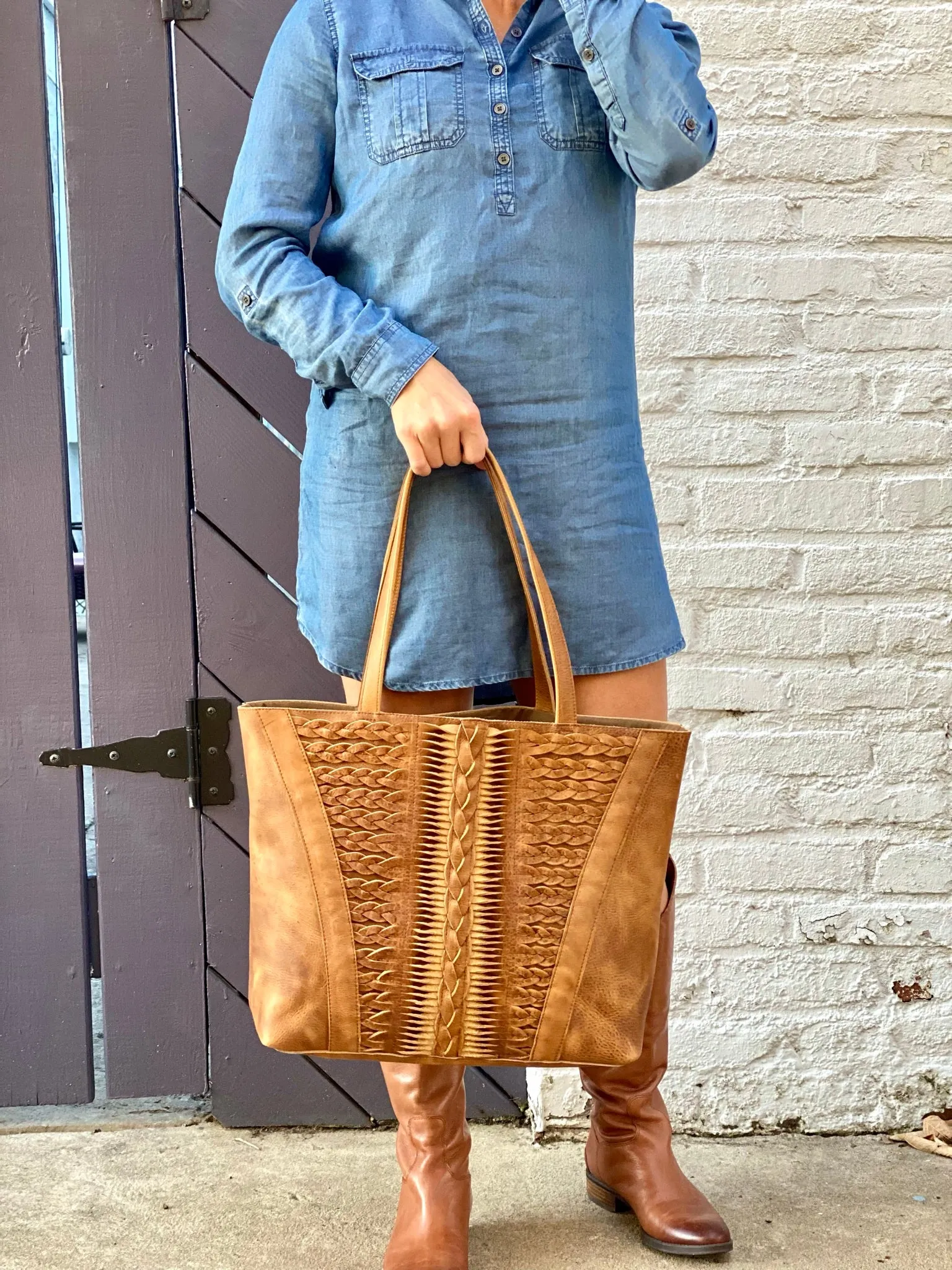 Boho chic braided leather bag, vintage tan