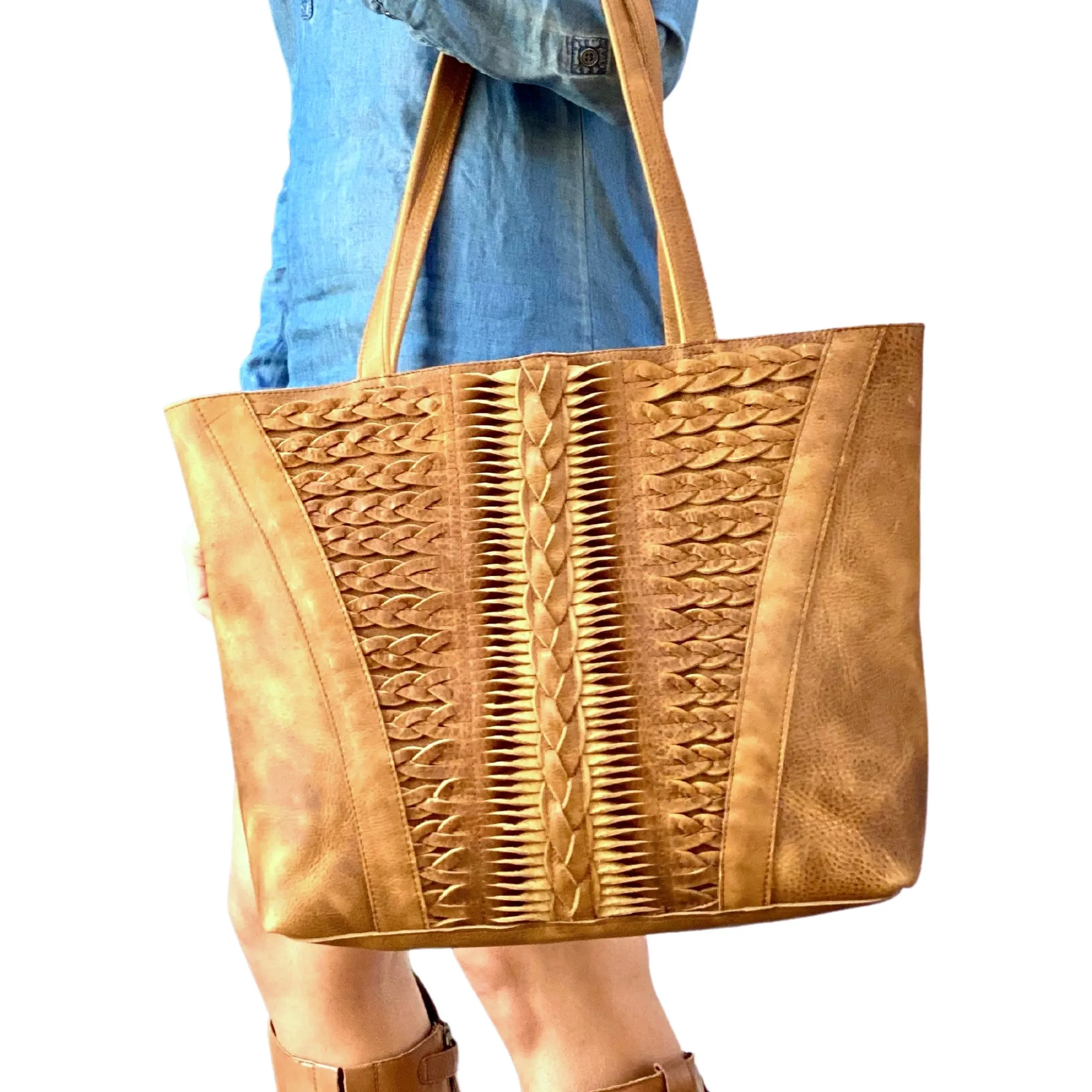 Boho chic braided leather bag, vintage tan