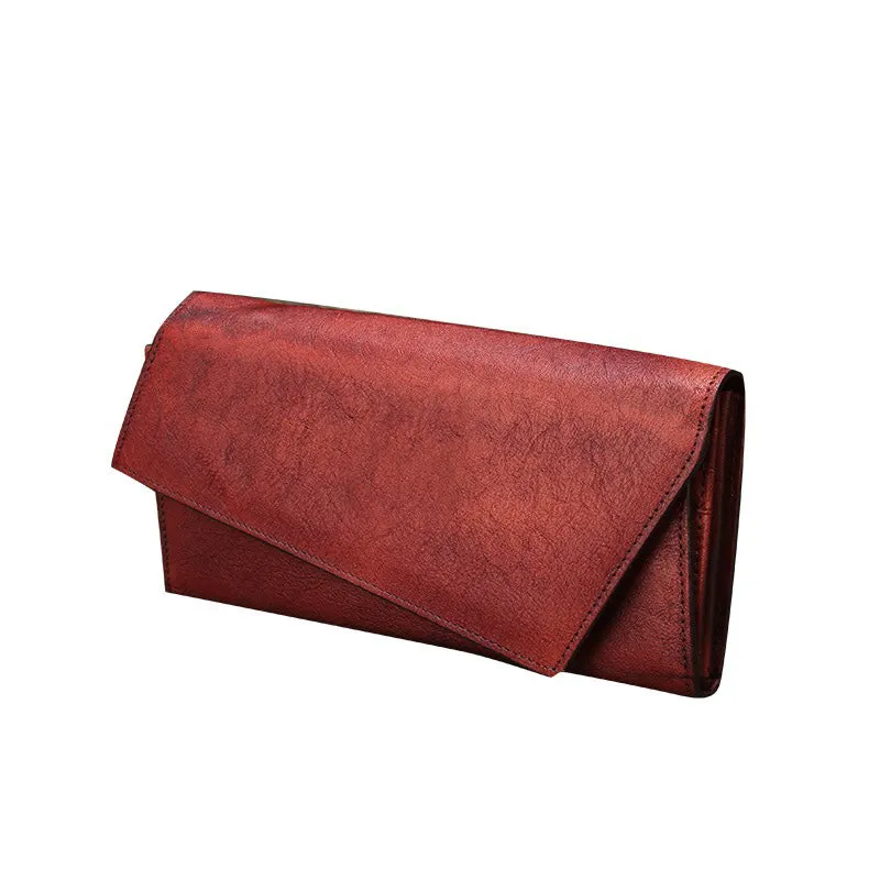 Brown Womens Vintage Leather Trifold Long Wallet Geometry Clutch Long Wallet for Ladies