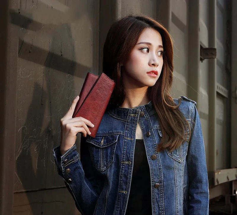 Brown Womens Vintage Leather Trifold Long Wallet Geometry Clutch Long Wallet for Ladies