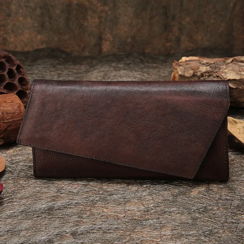 Brown Womens Vintage Leather Trifold Long Wallet Geometry Clutch Long Wallet for Ladies